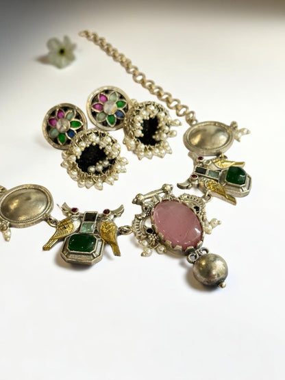 PINK GREEN VEDITA GERMAN SILVER JEWELLERY SET