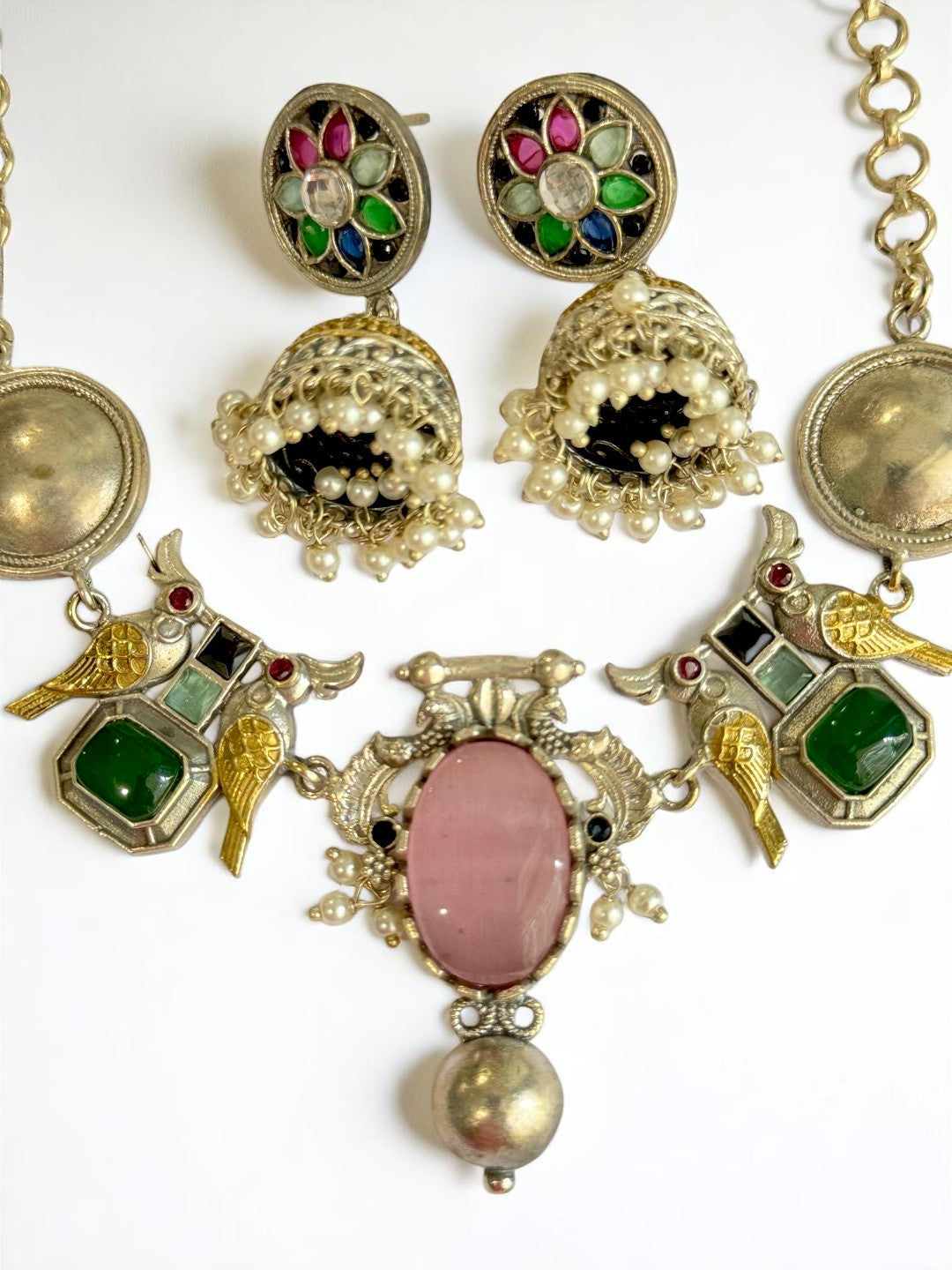 PINK GREEN VEDITA GERMAN SILVER JEWELLERY SET