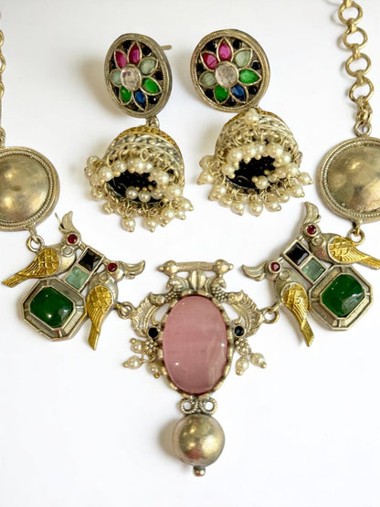 PINK GREEN VEDITA GERMAN SILVER JEWELLERY SET