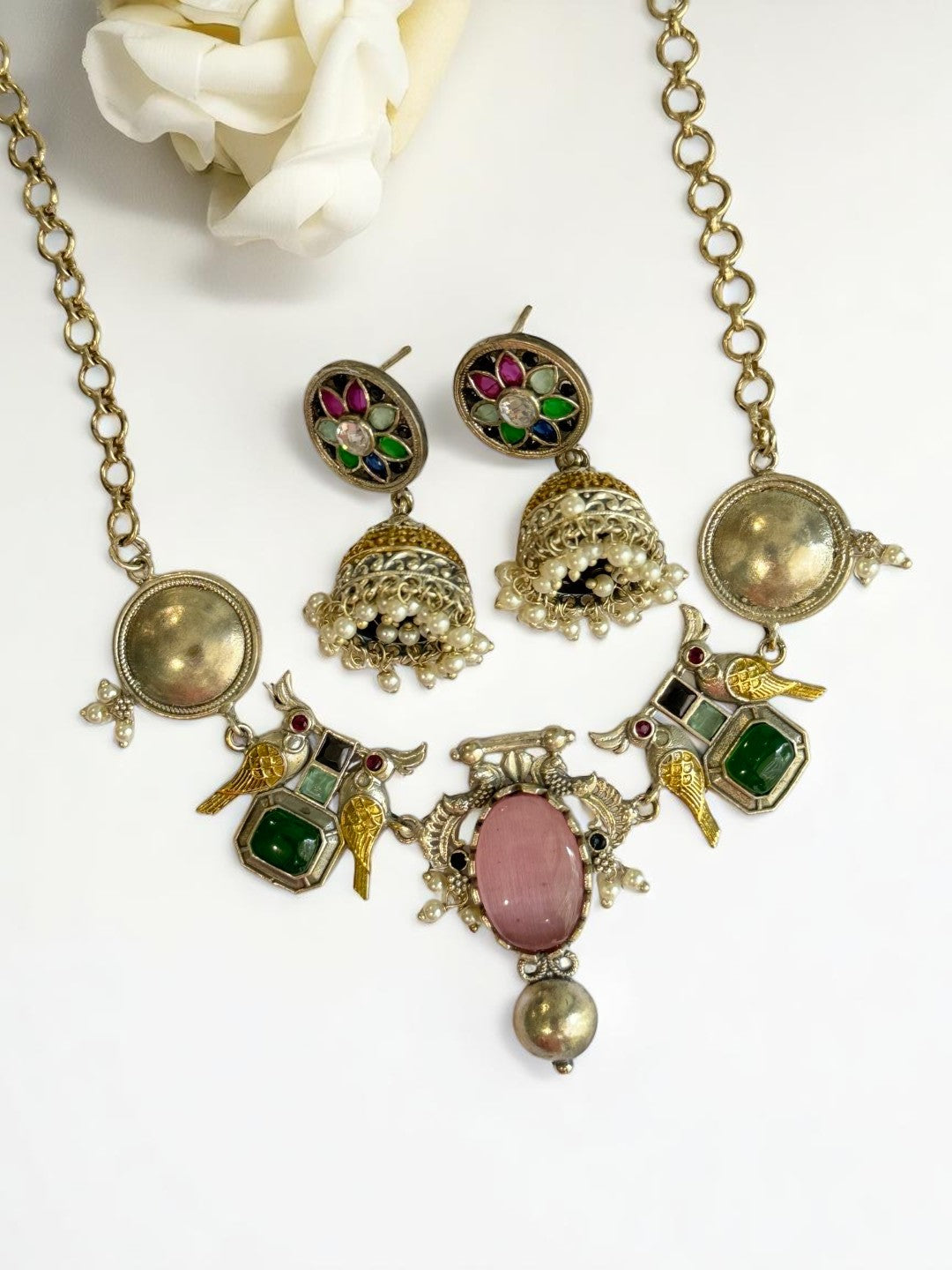 PINK GREEN VEDITA GERMAN SILVER JEWELLERY SET