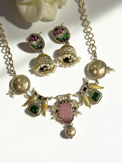 PINK GREEN VEDITA GERMAN SILVER JEWELLERY SET