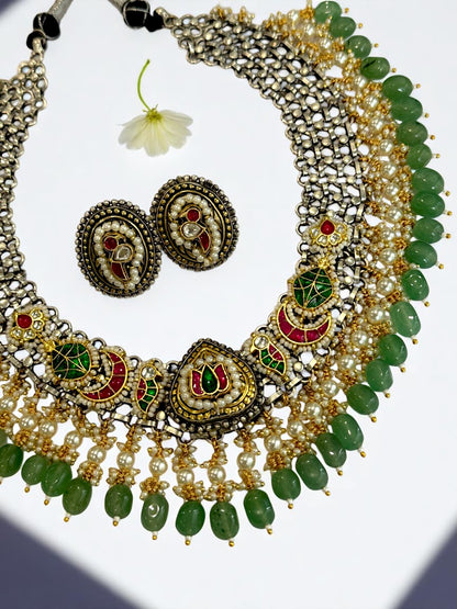 GREEN OJASVI GERMAN SILVER JEWELLERY SET