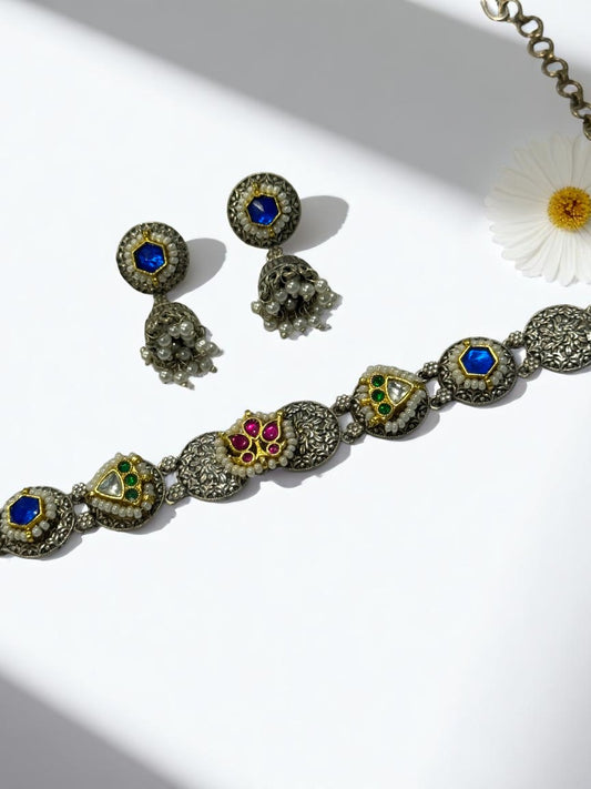 BLUE OJAL GERMAN SILVER JEWELLERY SET