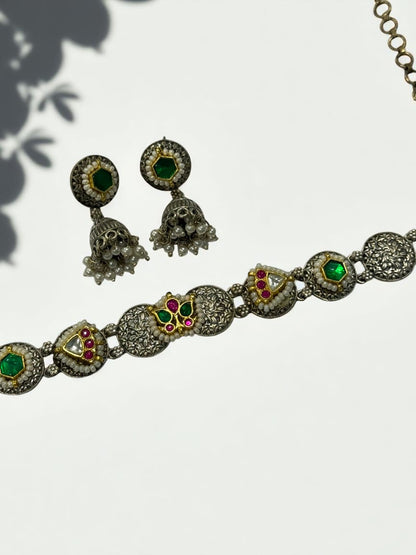 GREEN OJAL GERMAN SILVER JEWELLERY SET