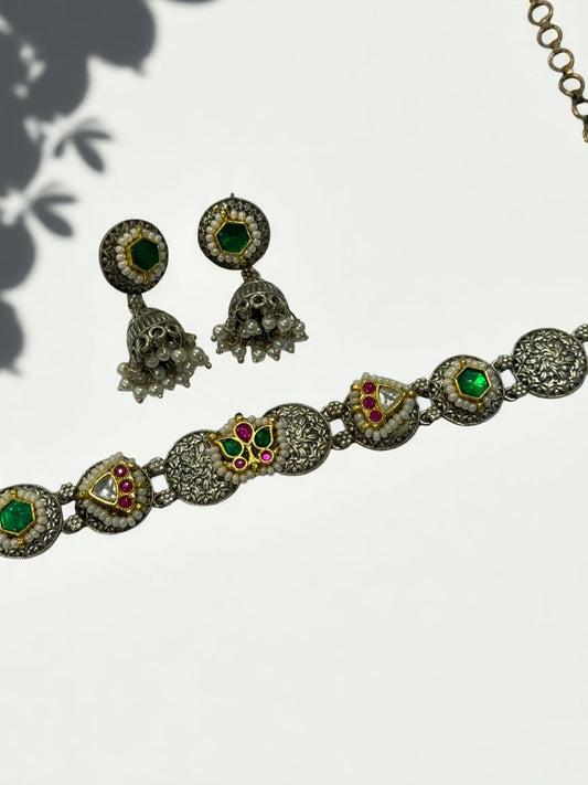 GREEN OJAL GERMAN SILVER JEWELLERY SET