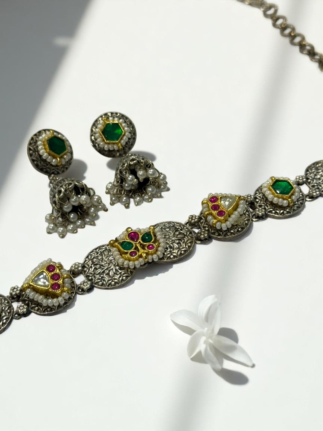 GREEN OJAL GERMAN SILVER JEWELLERY SET