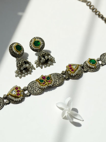 GREEN OJAL GERMAN SILVER JEWELLERY SET