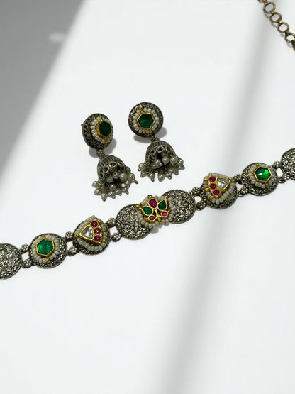 GREEN OJAL GERMAN SILVER JEWELLERY SET