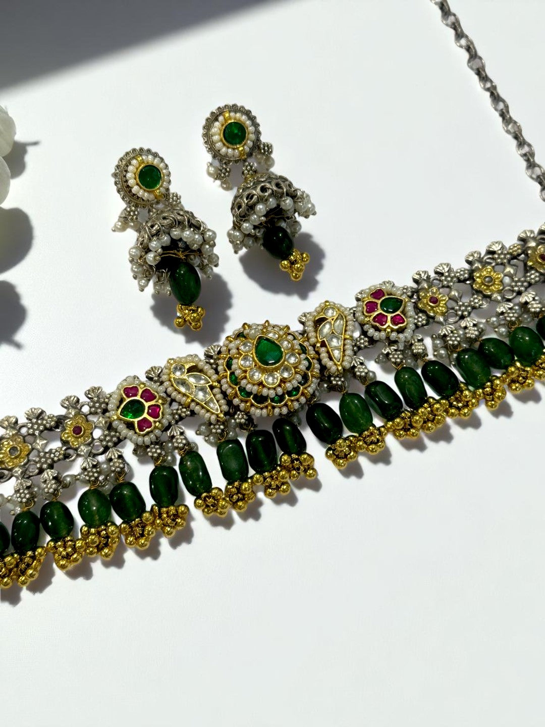 GREEN ONIMA GERMAN SILVER JEWELLERY SET