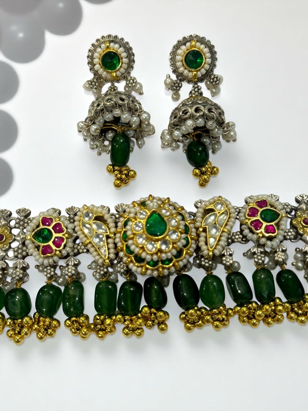GREEN ONIMA GERMAN SILVER JEWELLERY SET