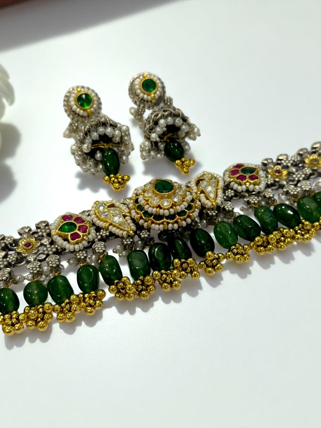 GREEN ONIMA GERMAN SILVER JEWELLERY SET