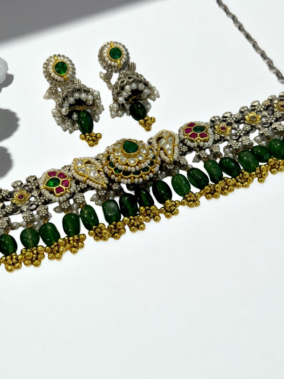 GREEN ONIMA GERMAN SILVER JEWELLERY SET