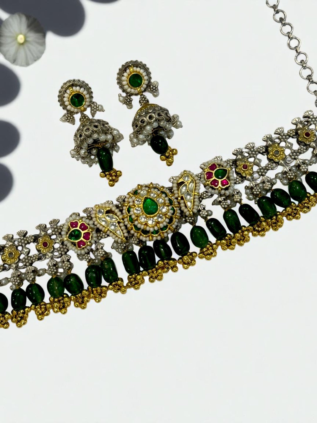 GREEN ONIMA GERMAN SILVER JEWELLERY SET