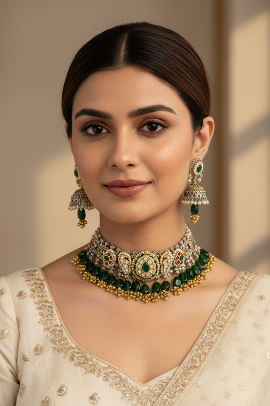 GREEN ONIMA GERMAN SILVER JEWELLERY SET