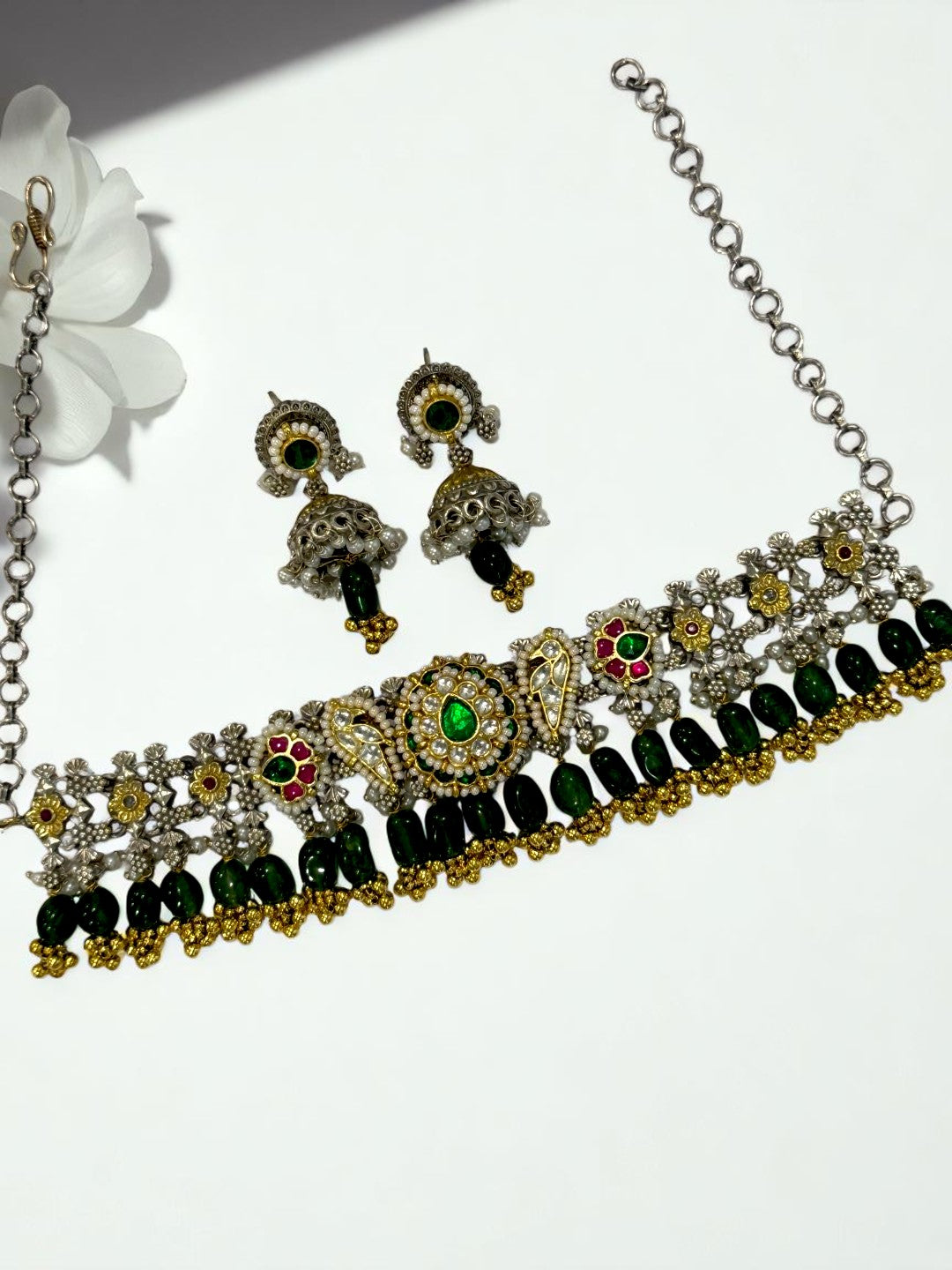 GREEN ONIMA GERMAN SILVER JEWELLERY SET