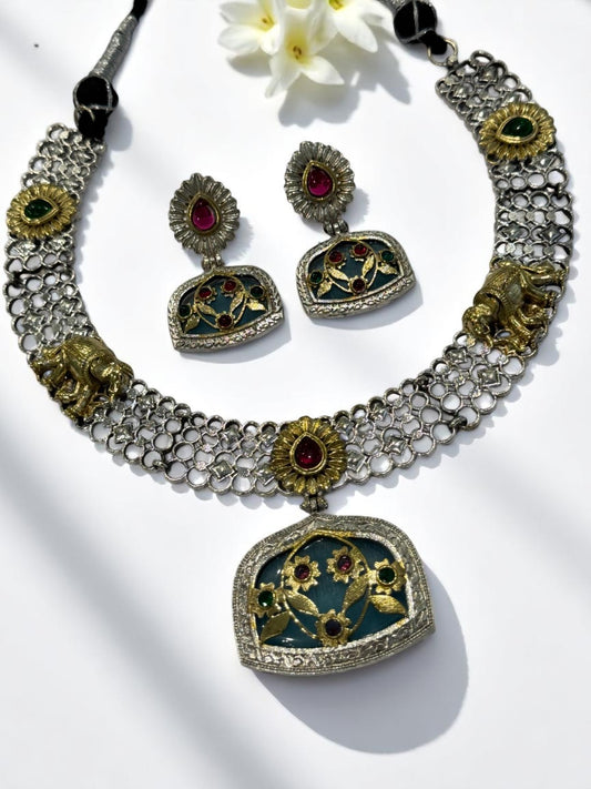 GREEN RED OSHMA GERMAN SILVER JEWELLERY SET
