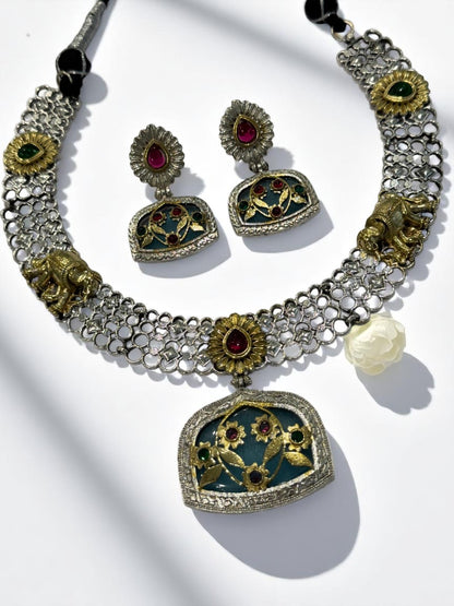 GREEN RED OSHMA GERMAN SILVER JEWELLERY SET