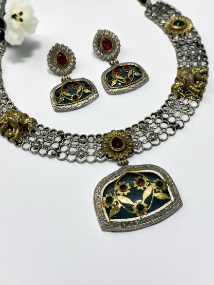 GREEN RED OSHMA GERMAN SILVER JEWELLERY SET