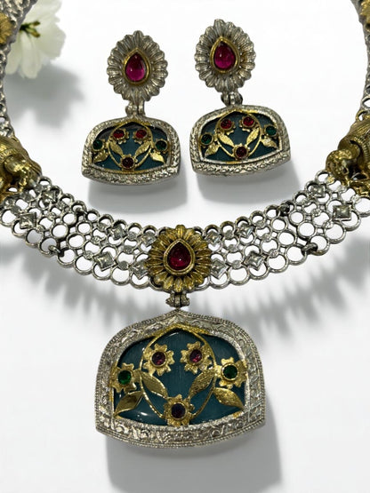 GREEN RED OSHMA GERMAN SILVER JEWELLERY SET