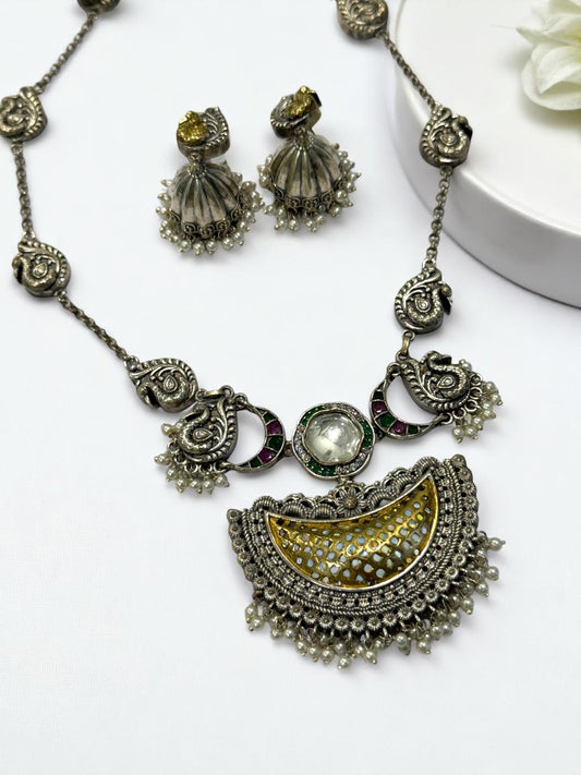 GREEN PAVITRA GERMAN SILVER JEWELLERY SET