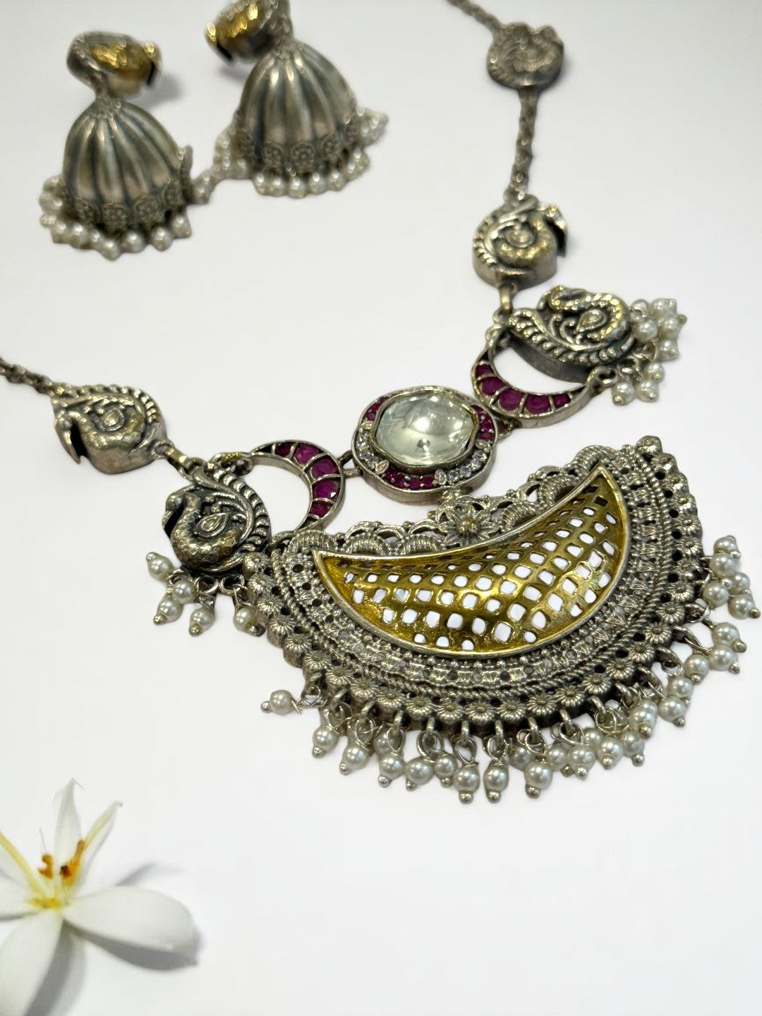 PINK PAVITRA GERMAN SILVER JEWELLERY SET