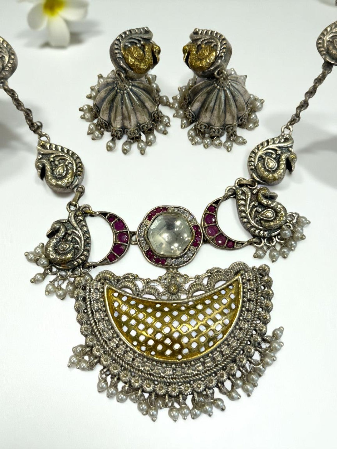 PINK PAVITRA GERMAN SILVER JEWELLERY SET