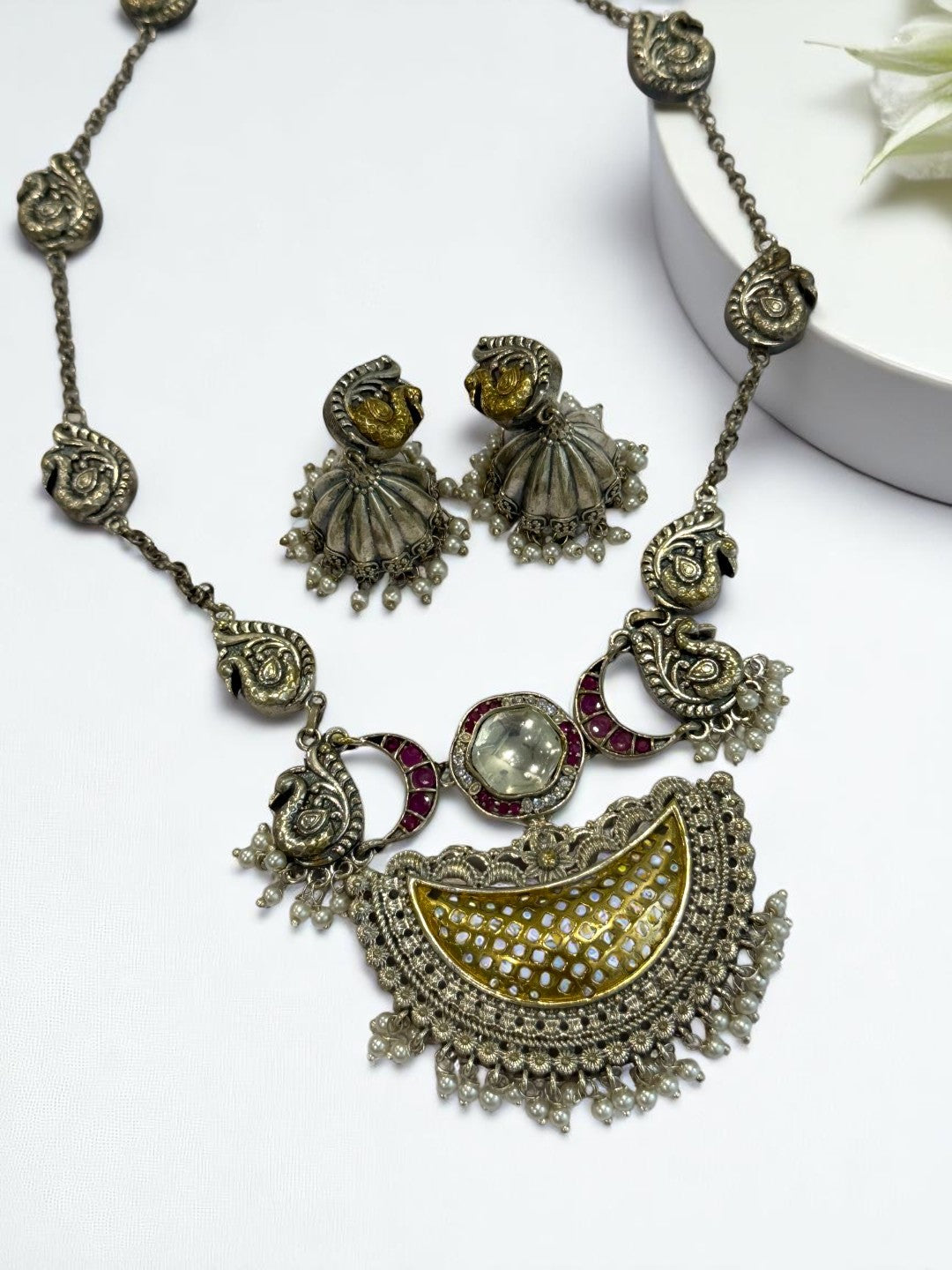 PINK PAVITRA GERMAN SILVER JEWELLERY SET