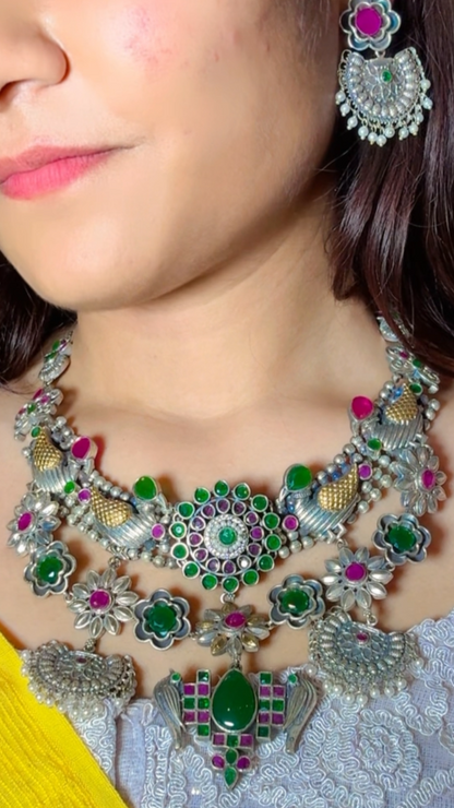 GREEN PURVA GERMAN SILVER JEWELLERY SET