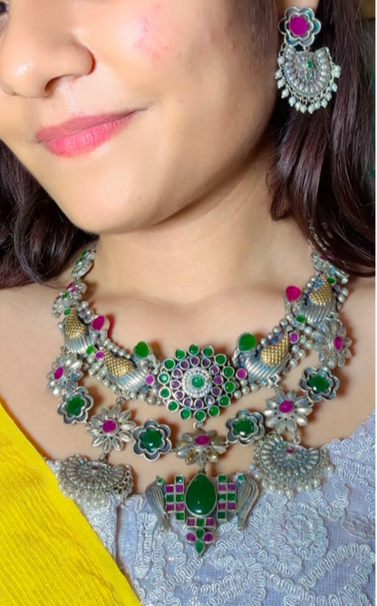 GREEN PURVA GERMAN SILVER JEWELLERY SET