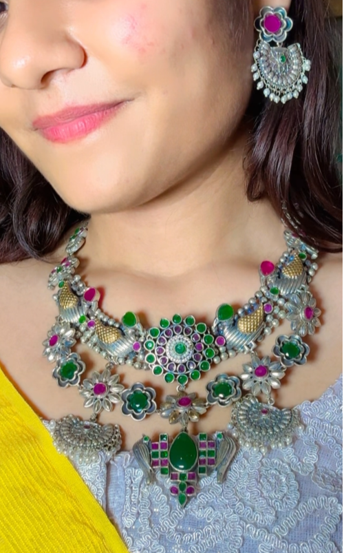 GREEN PURVA GERMAN SILVER JEWELLERY SET