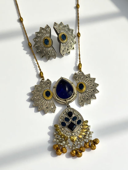 BLUE PIHU GERMAN SILVER JEWELLERY SET