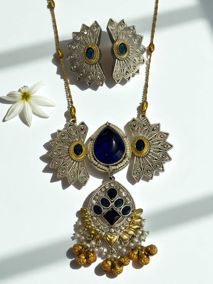 BLUE PIHU GERMAN SILVER JEWELLERY SET