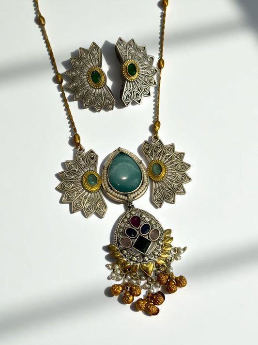 GREEN PIHU GERMAN SILVER JEWELLERY SET
