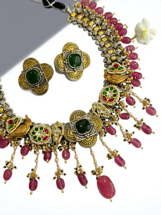 PINK PALAK GERMAN SILVER JEWELLERY SET