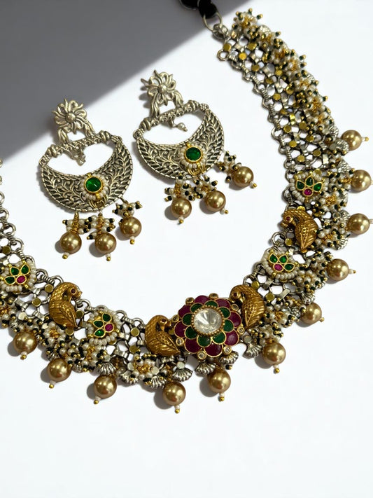 GREEN PANKHURI GERMAN SILVER JEWELLERY SET