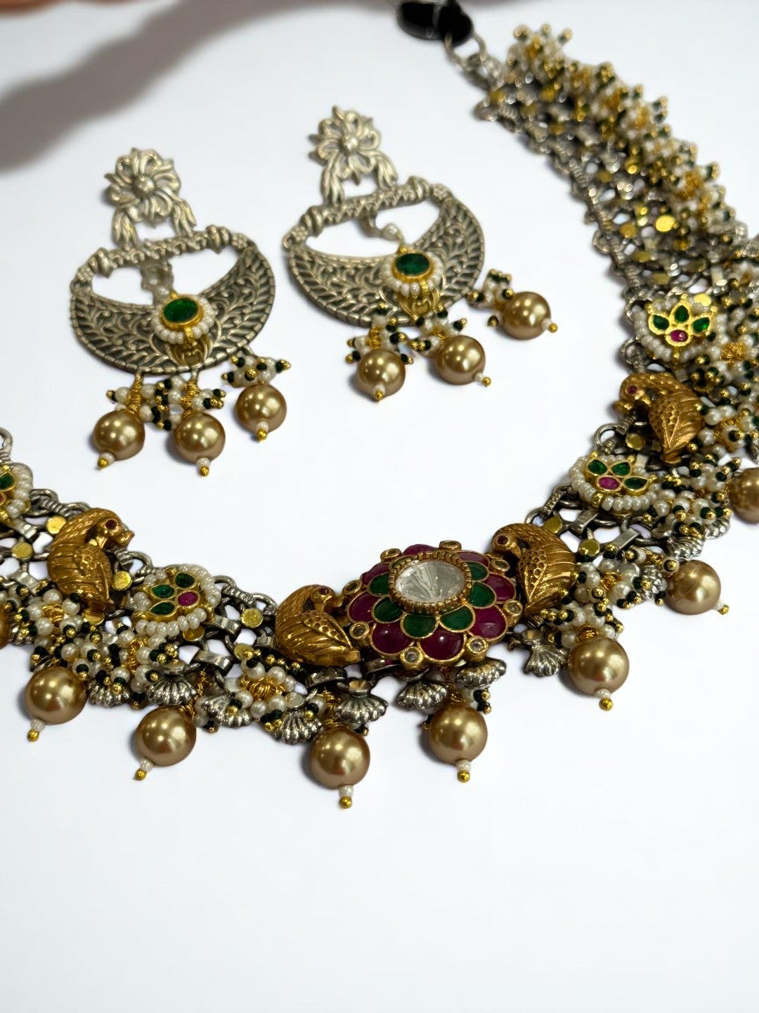 GREEN PANKHURI GERMAN SILVER JEWELLERY SET