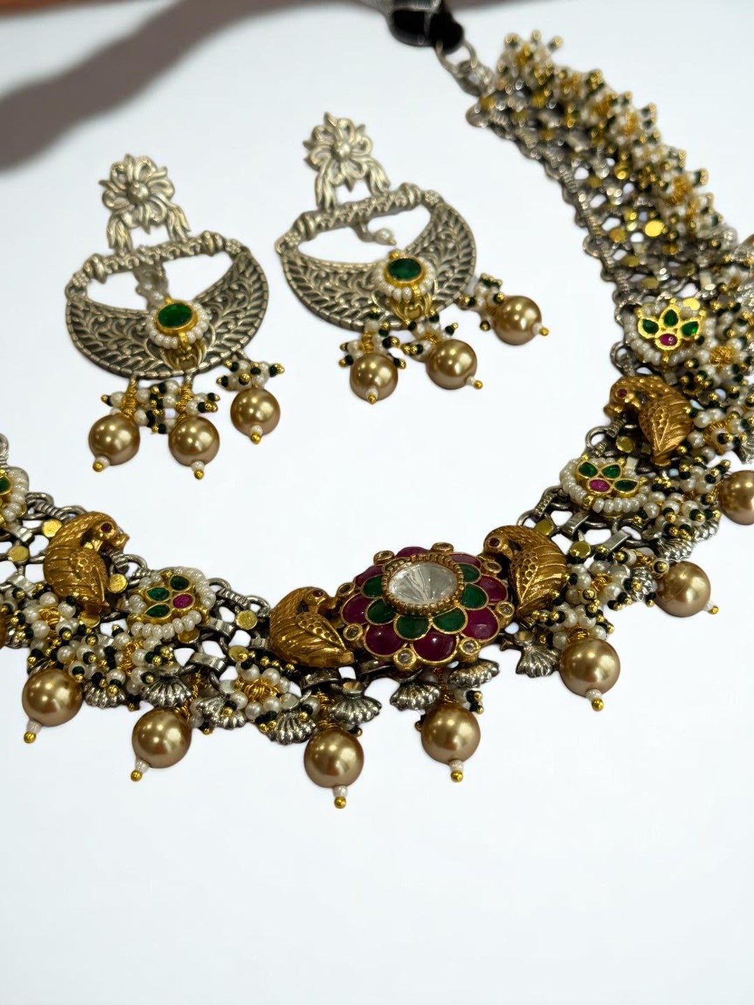 GREEN PANKHURI GERMAN SILVER JEWELLERY SET