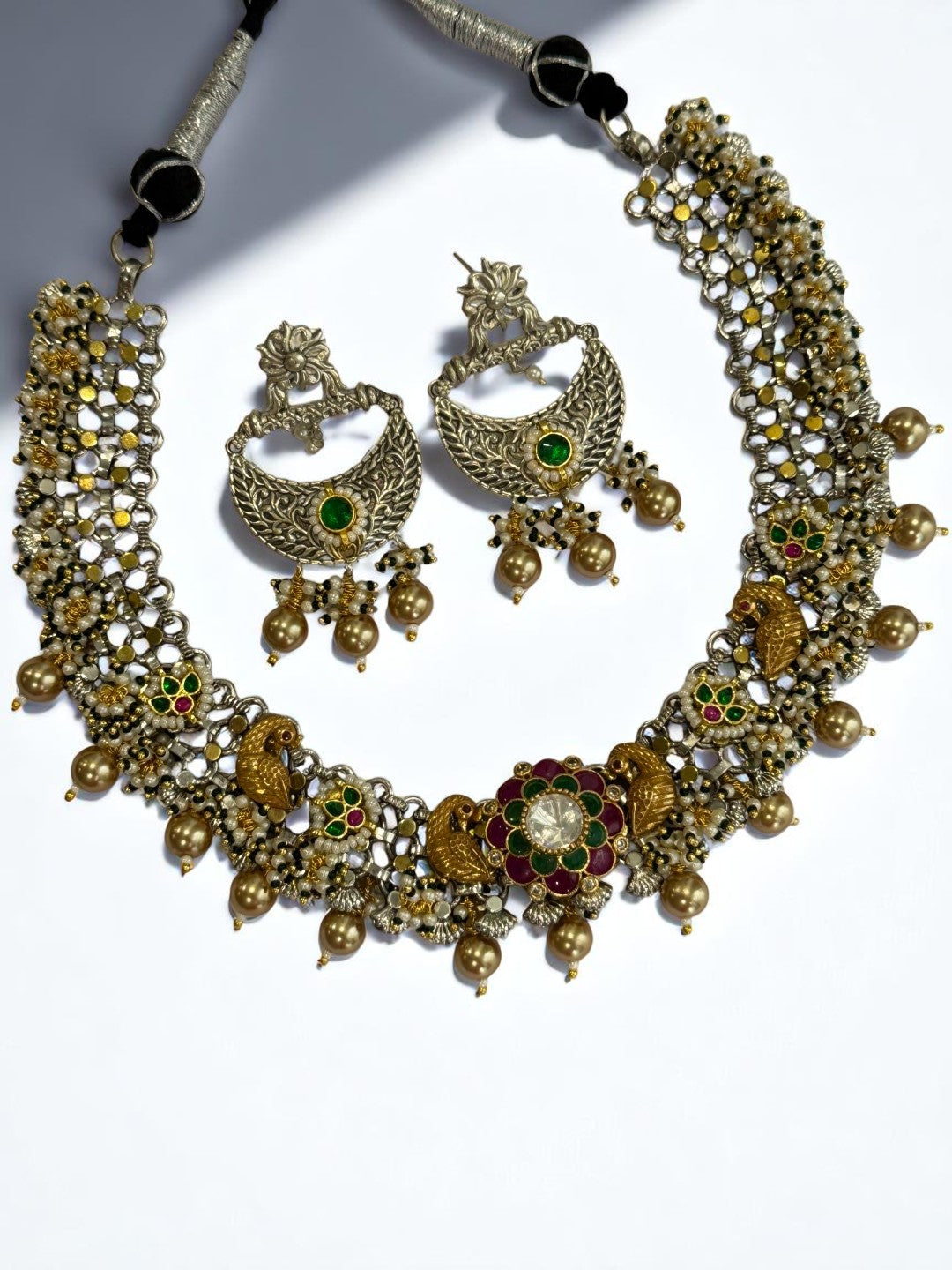 GREEN PANKHURI GERMAN SILVER JEWELLERY SET