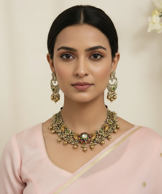 GREEN PANKHURI GERMAN SILVER JEWELLERY SET