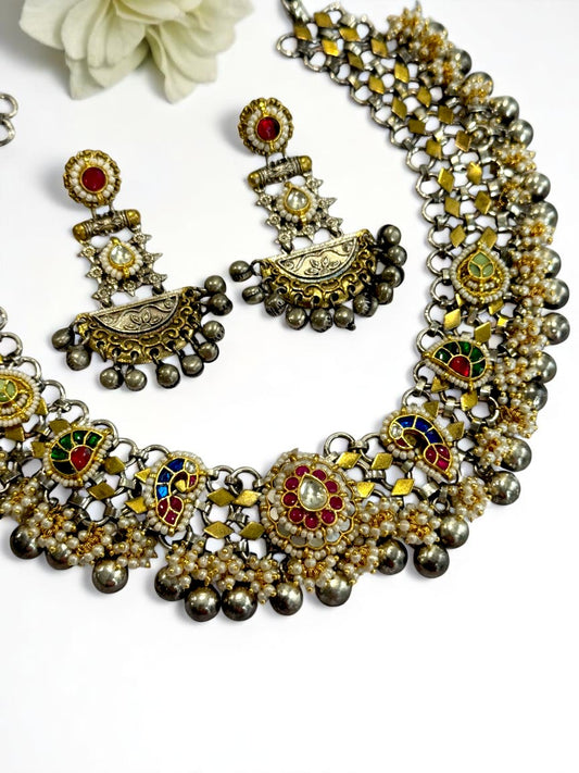 BLUE GREEN PRERANA GERMAN SILVER JEWELLERY SET