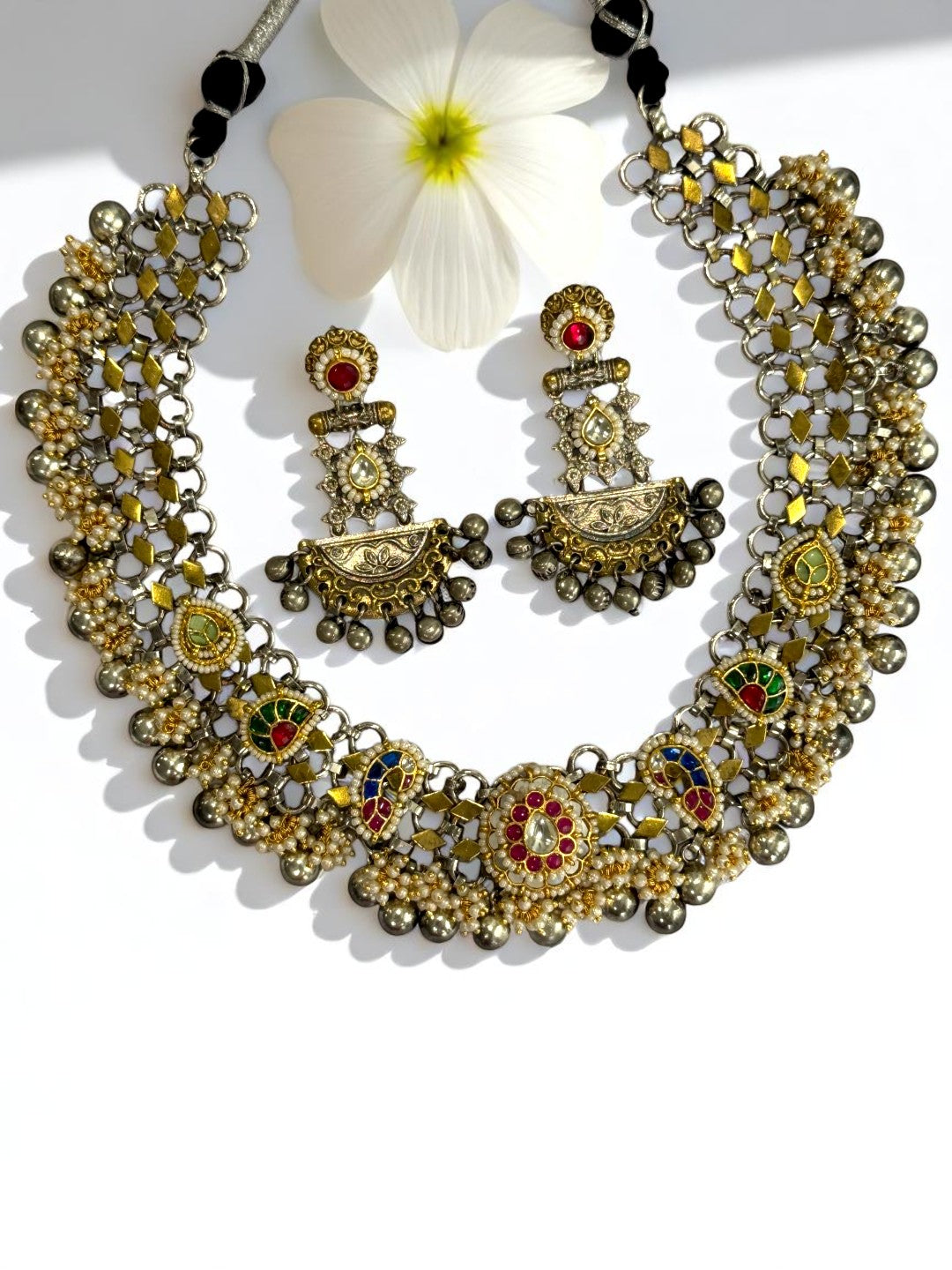 BLUE GREEN PRERANA GERMAN SILVER JEWELLERY SET