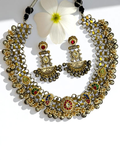 BLUE GREEN PRERANA GERMAN SILVER JEWELLERY SET
