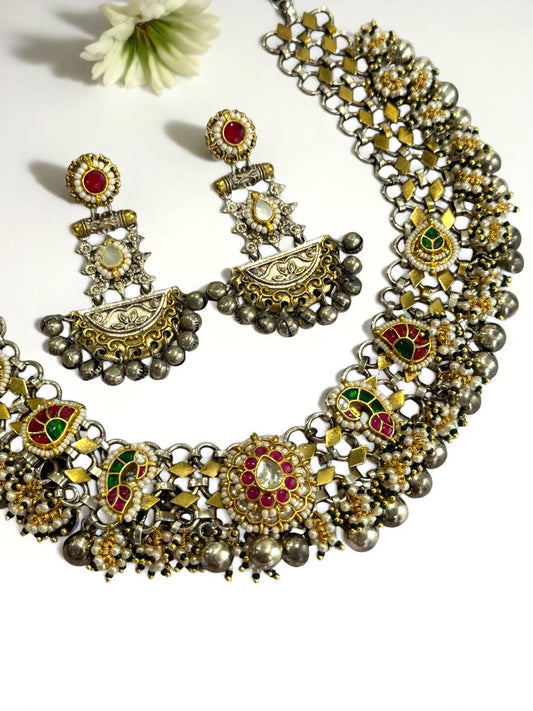 PINK GREEN PRERANA GERMAN SILVER JEWELLERY SET