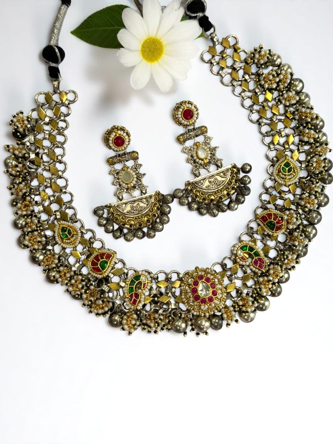 PINK GREEN PRERANA GERMAN SILVER JEWELLERY SET
