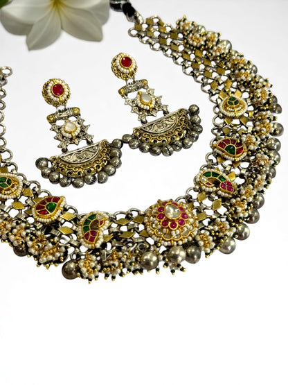 BLUE GREEN PRERANA GERMAN SILVER JEWELLERY SET