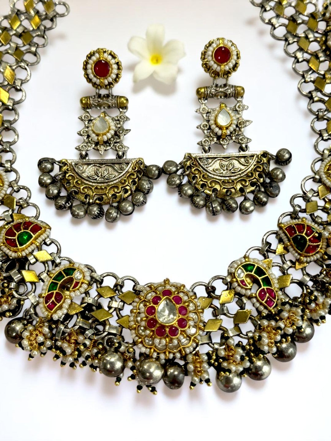 BLUE GREEN PRERANA GERMAN SILVER JEWELLERY SET