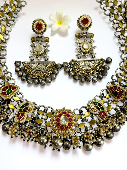 BLUE GREEN PRERANA GERMAN SILVER JEWELLERY SET