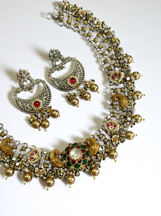 PINK PANKHURI GERMAN SILVER JEWELLERY SET