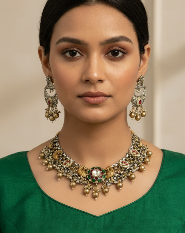 PINK PANKHURI GERMAN SILVER JEWELLERY SET