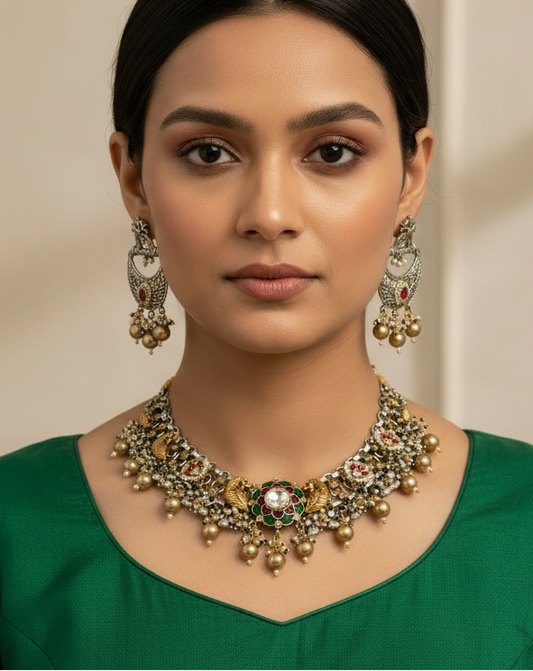 PINK PANKHURI GERMAN SILVER JEWELLERY SET